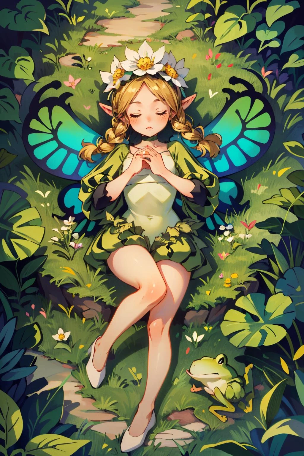 (masterpiece, best quality, highres:1.5)
 <lora:OdinSphereMercedes:0.9>
OdinSphereMercedes, 1girl, long hair, hair ornament, closed eyes, braid, flower, wings, puffy sleeves, hair flower, sleeping, frog, fairy, butterfly wings