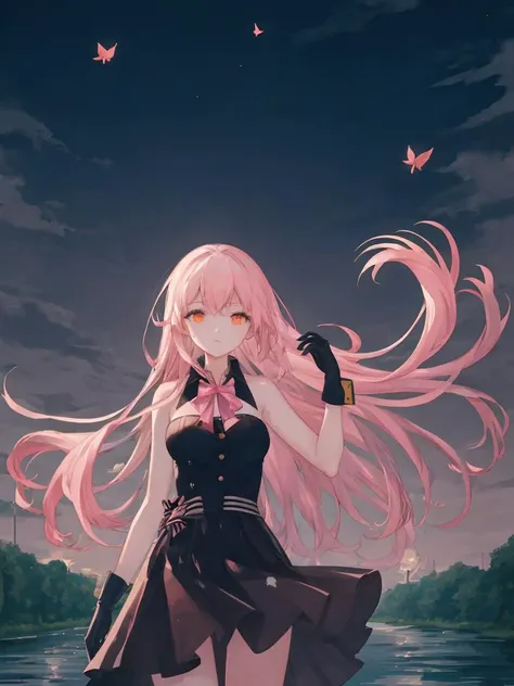 original, (masterpiece), (illustration), (extremely fine and beautiful), (perfect details), (unity CG 8K wallpaper:1.05), (beautiful and clear background:1.25), (depth of field:0.7),1girl,huanxiaoyi , (stands aside the river:1.15).(hair blowing with the wind:1.1),butterflys flying around, (moon light:0.6), tree, (summer), (night:1.2), (close-up:0.35), (gloves:0.8), solo ,<lora:huanxiaoyi-000020:1>