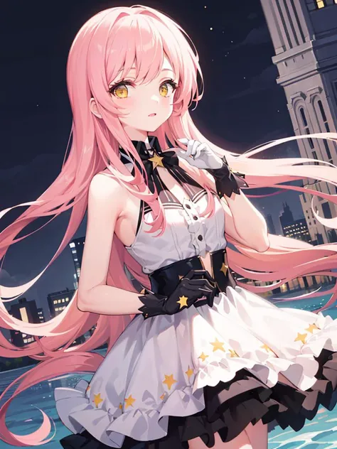 masterpiece, best quality, illustration, stars in the eyes,dishevelled hair,Starry sky , 1girl,huanxiaoyi, <lora:huanxiaoyi-000018:1>,beautiful detailed sky, beautiful detailed water, cinematic lighting, dramatic angle,yellow eyes