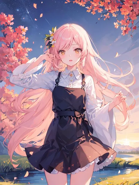 masterpiece, best quality, illustration1girl,huanxiaoyi, ,Starry sky , Flowersandgrassmeadow,nearthewateredge,(sunset,starryskyinacircle),randomlydistributedclouds,(((river))),splashingwater,fallingpetals, <lora:huanxiaoyi-000014 (1):1>
