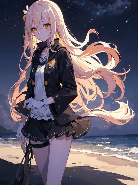 masterpiece, best quality, extremely detailed, ultra-detailed, illustration, hires, 8k, detailed illustration, 1girl, huanxiaoyi,walking in beach, dark midnight sky with twinkling white stars,    <lora:huanxiaoyi-000014:1>