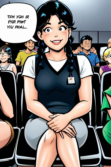 Thais 59 years old woman Black Braidout , in the Home theater, Sitting with legs crossed and hands resting on knees, Sweater vest with a white tee, speech bubble, EdobArchieComicsArtStyle <lora:EdobArchieComicsArtStyle_v1.0:0.8>