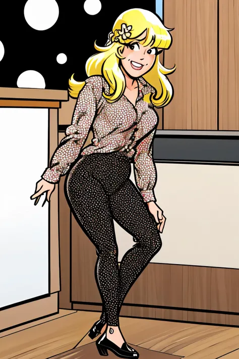 Western Europeans 46 years old woman Brown Hime Cut , in the Dining room, Standing with one leg raised and foot resting on a higher surface, Polka dot blouse with black pants, EdobArchieComicsArtStyle <lora:EdobArchieComicsArtStyle_v1.0:0.8>