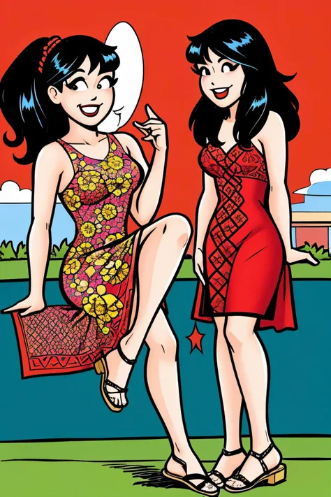 Javanese (Indonesia) 19 years old woman Red Side Part , in the Patio, Standing with one leg raised and foot resting on a higher surface, Printed dress with sandals, speech bubble, EdobArchieComicsArtStyle <lora:EdobArchieComicsArtStyle_v1.0:0.8>