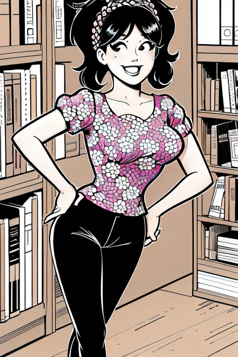 Koreans 31 years old woman Pastel Twisted Updo , in the Library, Standing with arms crossed over chest and one foot raised behind the body, Polka dot blouse with black pants, EdobArchieComicsArtStyle <lora:EdobArchieComicsArtStyle_v1.0:0.8>