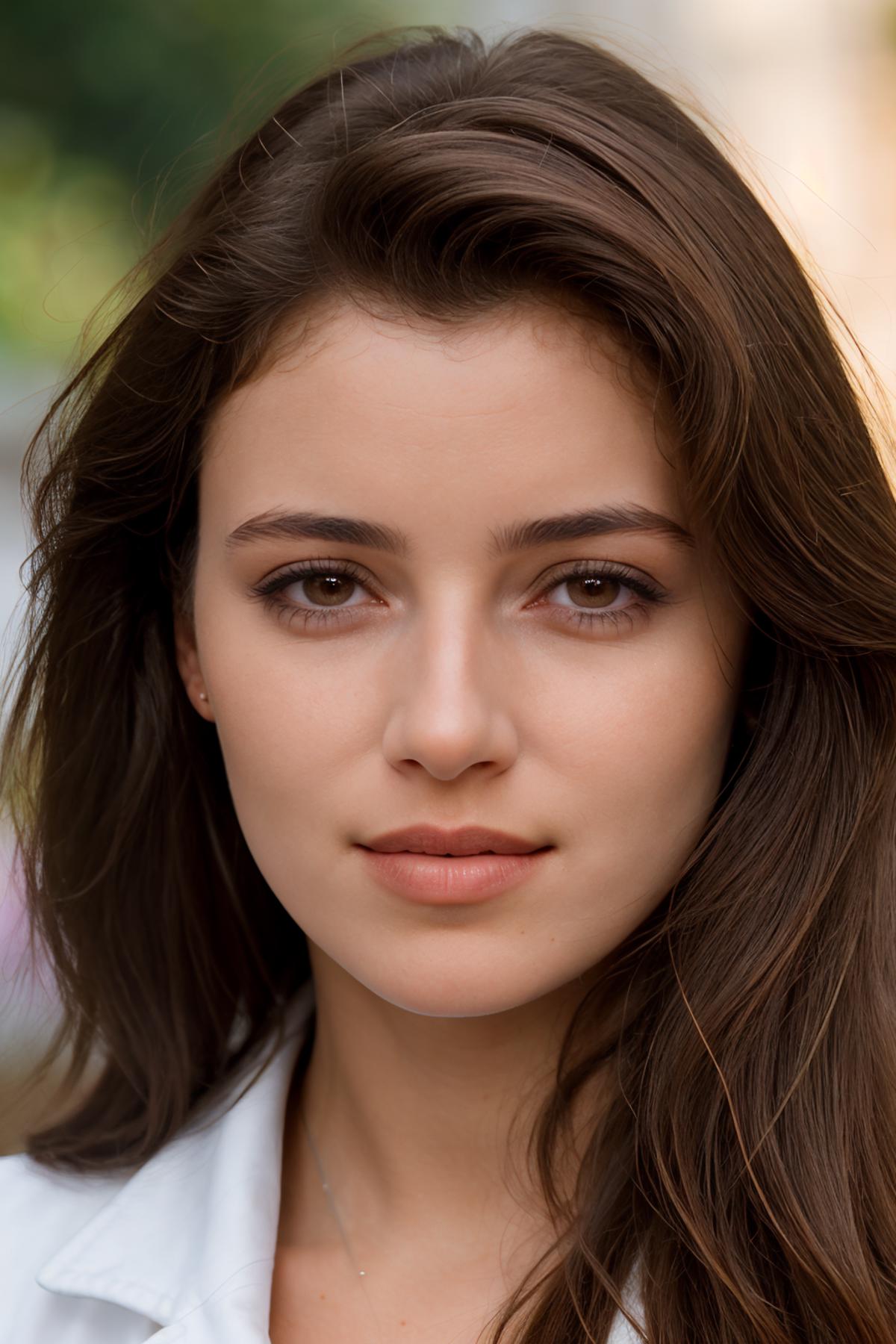 A close up of a woman with long hair and a white shirt - SeaArt AI