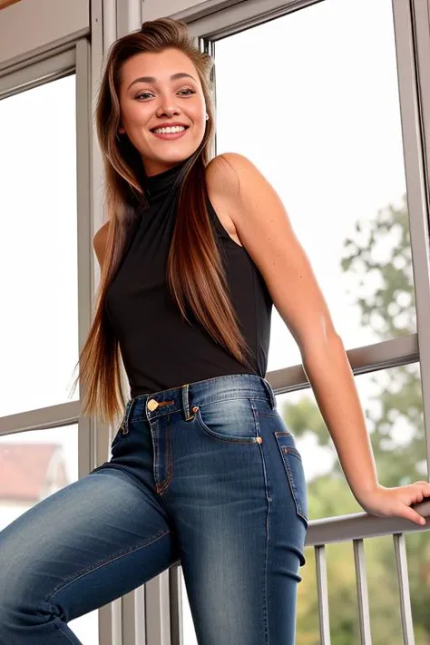 mi454r4 holding open double doors, wearing black pants and a high neck top, brown hair, denim, indoors, jeans, lipstick, long hair, makeup, open mouth, pants, railing, smile, solo, teeth, window, looking down, <lora:Mia_Sara_PMv1c_Lora:1.3>,, high quality photography, 3 point lighting, flash with softbox, 4k, Canon EOS R3, hdr, smooth, sharp focus, high resolution, award winning photo, 80mm, f2.8, bokeh, ((Glamour Shot)), detailed skin texture, (blush:0.5), (goosebumps:0.5), subsurface scattering
