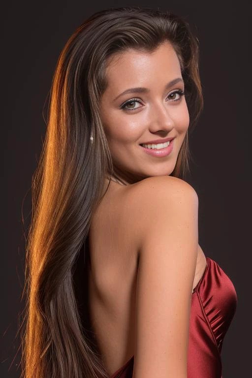 mi454r4 wearing backless gown on the red carpet, back shot, looking over shoulder to camera, teeth, smile, long wavy brown hair, <lora:Mia_Sara_PMv1c_Lora:1.3>,, high quality photography, 3 point lighting, flash with softbox, 4k, Canon EOS R3, hdr, smooth, sharp focus, high resolution, award winning photo, 80mm, f2.8, bokeh, ((Glamour Shot)), detailed skin texture, (blush:0.5), (goosebumps:0.5), subsurface scattering