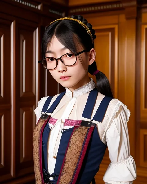 a high resolution high quality professional gigapixel photo of a very beautiful cute innocent young skinny Asian European goth girl wearing Victorian clothes with suspenders in a ponytail wearing glasses inside an old mansion, (detailed face and eyes:1.1), intricately high detail, detailed skin:1.1), shiny skin, hard erect nipples, firm perky small breasts, (skin details and high detailed skin texture:1.2), cinematic shot, movie theater