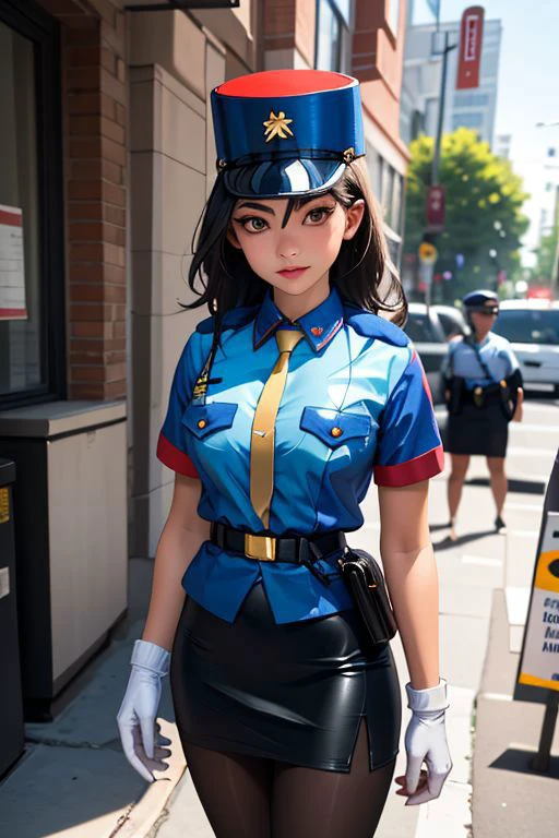 beautiful, masterpiece, best quality, ((adult)), extremely detailed face, perfect lighting, 1girl, solo,
pkmnJenny, blue hat, police uniform, blue shirt, short sleeves, belt, pencil skirt, white gloves, high heels, BCop
pocket, breast pocket, shirt, pants, uniform, belt, short sleeves, collared shirt, shirt tucked in, pantyhose, skirt, gloves, necktie, pencil skirt, police hat, high heels, shoes, miniskirt