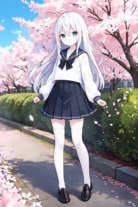 ((masterpiece, high quality, 4k, 8k)), 1girl, bangs, bare tree, black footwear, blue eyes, blue sky, bow, branch, building, cherry blossoms, day, dress, falling petals, flower, hair between eyes, hanami, ahoge, loafers, absurdly long hair, long sleeves, looking at viewer, open clothes, outdoors, petals, pink flower, pleated skirt, sailor collar, shirt, shoes, white hair, skirt, expressionless, kneehigh socks, solo, spring \(season\), standing, tree, white legwear, white skirt, closed mouth, flat chest, pale skin