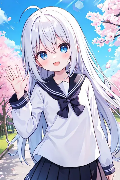 ((masterpiece, high quality, 4k, 8k)), 1girl, bangs, bare tree, black footwear, blue eyes, blue sky, bow, branch, building, cherry blossoms, day, falling petals, hair between eyes, hanami, ahoge, loafers, absurdly long hair, long sleeves, looking at viewer, open clothes, outdoors, petals, sailor collar, shirt, shoes, white hair, expressionless, solo, spring \(season\), tree,  flat chest, pale skin, upper body, sparkles, lens flare, sunny, street, waving, open mouth, happy, arm up