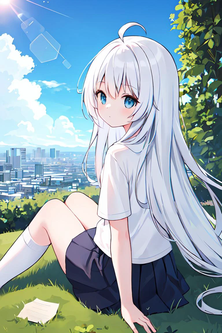 ((masterpiece, high quality, 4k, 8k)), city, green plains, blue sky, louds, sunny, lens flare, 1girl, sitting, solo, looking away, absurdly long hair, white hair, ahoge, from the back, skirt, tshirt, (pale skin:0.6), blue eyes, looking at viewer, kneehigh socks