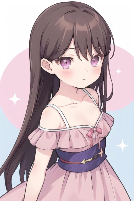 <lora:NotNiki:0.78>, takimygo, 1girl, solo, long hair, brown hair, purple eyes, pink eye, eyeshadow, long dress, upper body, portrait, collarbone, (closed mouth:0.66)