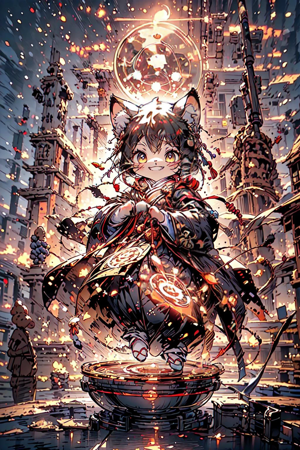 <lora:maomi:0.75> , film quality, a cat, kitty female , solo , maomi, chibi,cute,(full body:1.35), soft light, detailed(glow , shadow), dynamic posture, hair pin, hanfu, magic circle
BREAK(beautiful detailed nose, beautiful detailed eyes, perfect anatomy),
BREAK(<lora:DisasterGirlMeme:1>, (fire, flame, burning):1.2, (evil smile, grin, smug):1.1 , outdoors, IncrsDisasterGirlMeme, disaster:1.2, <lora:magic circle:0.55>, magic circle,)
BREAK(<lora:cozy animation scenes_20230824111332:0.4>, PIXIV,cozy animation scenes, scenery, outdoors, detailed temple, wide view, starry night, moon,),
<lora:more_details:0.5>, extremely detailed, CG, 8k Amazing, finely detail, (masterpiece:2.0, best quality), (intricate details, depth of field), <lora:bf1:0.5>, (no humans),