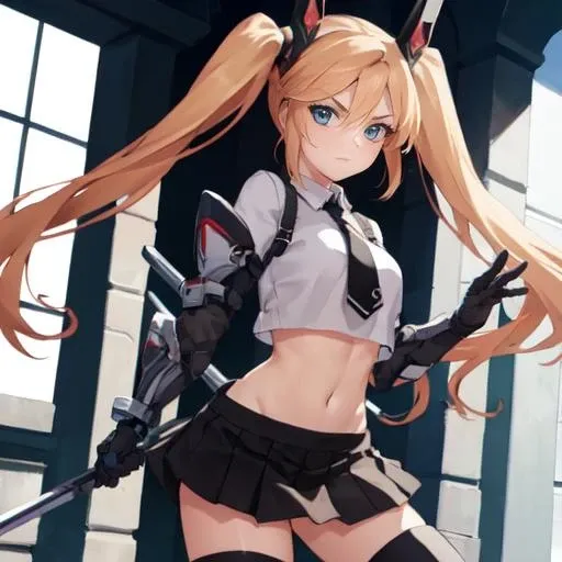 , masterpiece, Highest Quality, Highest Resolution, perfect background, perfect perspective, sharp image, perfect details, perfect lighting, perfect shadows, Perfect lighting, Best background, 1girl, AG 04, solo, long hair, twintails, blue eyes, skirt, blond hair, thigh highs, gloves, navel, weapon, minskirt, midriff, stomach, crop top, V shaped eyebrows, panties,