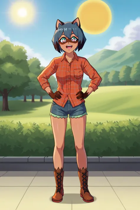 <lora:michiru_SDXL_1.0:1> 1girl, michiru, is satisfied, Standing with hands on hips, one foot tapping impatiently, Patched denim jeans, flannel shirt, and work boots, Background is a sun-drenched rooftop garden