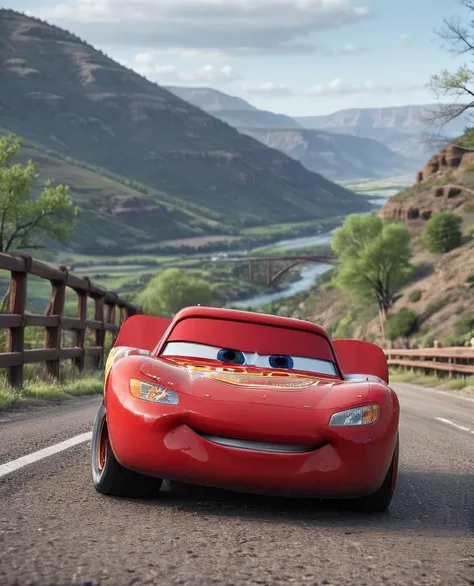 cinematic photo cinematic film still <lora:Lightning_McQueen:1>, lightning_mcqueen,close-up,road,bridge,in spring,day,hills,mountain, . shallow depth of field, vignette, highly detailed, high budget Hollywood movie, bokeh, cinemascope, moody, epic, gorgeous, film grain, grainy . 35mm photograph, film, bokeh, professional, 4k, highly detailed