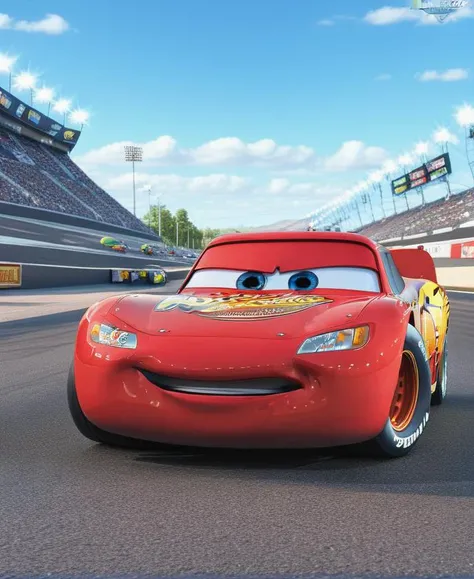 <lora:Lightning_McQueen:0.8>, lightning_mcqueen,racing stadium,blue sky,sunny day,hot day,hot tarmac,detailed eyes,highly detailed,photography,ultra sharp,film,bokeh,professional,4k,highly detailed,