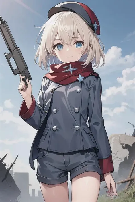 MP446,1girl,solo,beret,1girl, solo,messy short hair, short shorts, upper body, outdoors, blue sky, cloud ,ruins background,cowboy shot,
<lora:MP446-000007:0.7>