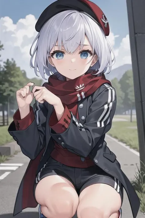 ,squatting,MP446,1girl,solo,beret,adidas,1girl, solo,messy short hair, short shorts,closed mouth, upper body, outdoors, blue sky, cloud ,ruins background,cowboy shot,
<lora:MP446-000007:0.7>