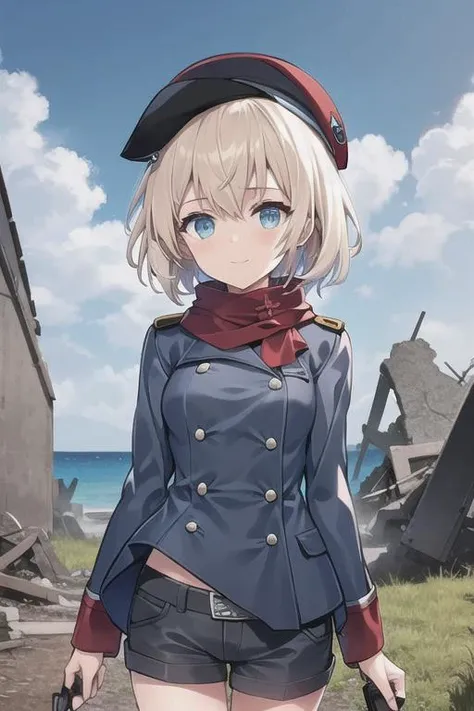 MP446,1girl,solo,beret,1girl, solo,messy short hair, short shorts, upper body, outdoors, blue sky, cloud ,ruins background,cowboy shot,
<lora:MP446-000007:0.7>