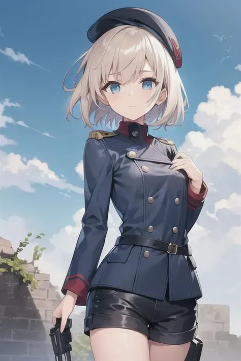 MP446,1girl,solo,beret,1girl, solo,messy short hair, short shorts, upper body, outdoors, blue sky, cloud ,ruins background,cowboy shot,
<lora:MP446-000007:0.5>