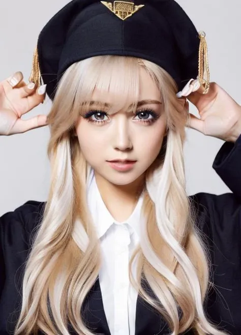 masterpiece,best quality,higher, <lora:gal:1>,1girl., beautiful face, beautiful face, (simple background:1.2), detailed_beautiful_eyes,blonde hair, mortarboard cap,academic gown