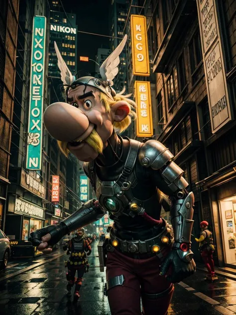 8k UHD, Photo by Nikon camera, masterpiece, (<lora:Asterix:1> 1man, Asterix, blonde hair, black top, wings, facial hair, mustache, red pant), watching viewer, 8k unreal engine render, cyberpunk, tech armor, glowing armor, neon armor, power armor, glow, neon, mechanical parts, tech parts, cyborg, robot, technological city full of neons, cyberpunk city, neon city, glow, action shot, detailed eyes, very vivid lighting, detailed, (vibrant, photo realistic, realistic, dramatic, dark, sharp focus), <lora:Cyberpunk_style:0.8> Cyberpunk Style, <lora:add_detail:0.8>, <lora:hotarublurbk_v100:-1>