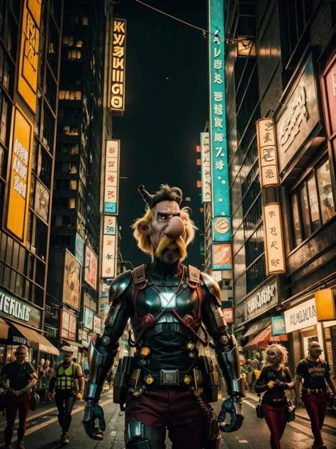 8k UHD, Photo by Nikon camera, masterpiece, (<lora:Asterix:1> 1man, Asterix, blonde hair, black top, wings, facial hair, mustache, red pant), man, male, cartoon, watching viewer, 8k unreal engine render, cyberpunk, tech armor, glowing armor, neon armor, power armor, glow, neon, mechanical parts, tech parts, cyborg, robot, technological city full of neons, cyberpunk city, neon city, glow, action shot, detailed eyes, very vivid lighting, detailed, (vibrant, photo realistic, realistic, dramatic, dark, sharp focus), <lora:Cyberpunk_style:0.8> Cyberpunk Style, <lora:add_detail:0.8>, <lora:hotarublurbk_v100:-1>