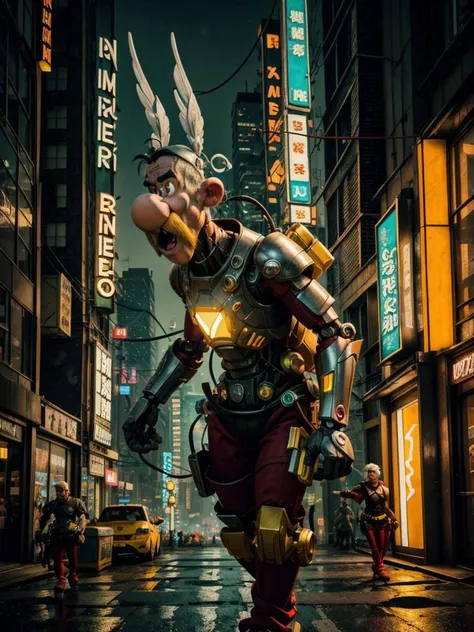 8k UHD, Photo by Nikon camera, masterpiece, (<lora:Asterix:1> 1man, Asterix, blonde hair, black top, wings, facial hair, mustache, red pant), man, male, cartoon, watching viewer, 8k unreal engine render, cyberpunk, tech armor, glowing armor, neon armor, power armor, glow, neon, mechanical parts, tech parts, cyborg, robot, technological city full of neons, cyberpunk city, neon city, glow, action shot, detailed eyes, very vivid lighting, detailed, (vibrant, photo realistic, realistic, dramatic, dark, sharp focus), <lora:Cyberpunk_style:0.8> Cyberpunk Style, <lora:add_detail:0.8>, <lora:hotarublurbk_v100:-1>
