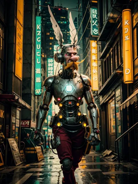 8k UHD, Photo by Nikon camera, masterpiece, (<lora:Asterix:1> 1man, Asterix, blonde hair, black top, wings, facial hair, mustache, red pant), man, male, cartoon, watching viewer, 8k unreal engine render, cyberpunk, tech armor, glowing armor, neon armor, power armor, glow, neon, mechanical parts, tech parts, cyborg, robot, technological city full of neons, cyberpunk city, neon city, glow, action shot, detailed eyes, very vivid lighting, detailed, (vibrant, photo realistic, realistic, dramatic, dark, sharp focus), <lora:Cyberpunk_style:0.8> Cyberpunk Style, <lora:add_detail:0.8>, <lora:hotarublurbk_v100:-1>