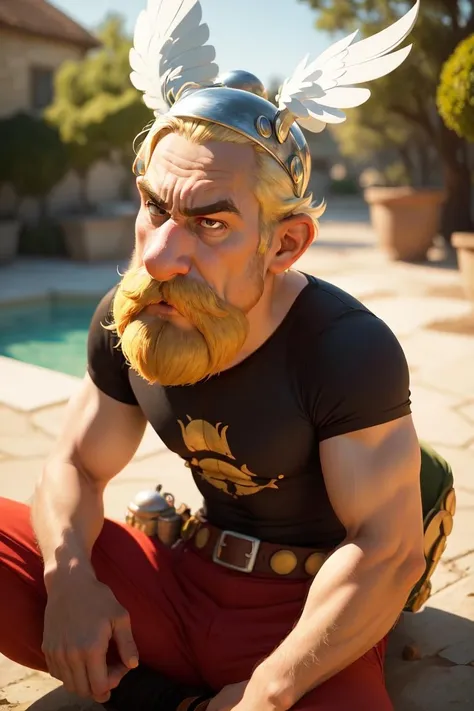 ((best quality)), ((masterpiece)), (detailed),(high-resolution:1.2),((realistic1.5))
1man, Asterix, blonde hair, black top, wings, facial hair, mustache, red pant