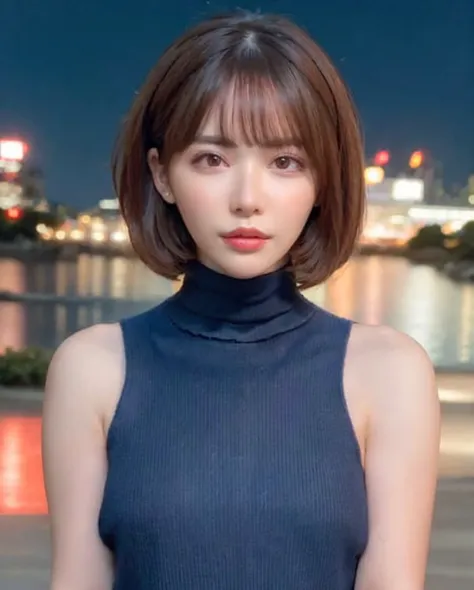 best quality, photorealistic, 8k, high res, 1girl, woman, (skindentation), (professional lighting), (portrait:0.6), gorgeous, brunette, ((night cityscape background:1.2)), (small breast, blue polo-neck sweater, very short hair:1.5), (looking at the viewer), 1girl sleepy eyes looking at viewer:1.5, photorealistic, (bokeh), (portait:0.6), gorgeous, (dynamic pose:1.2), smile:1.9, <lora:Eimi:0.75>