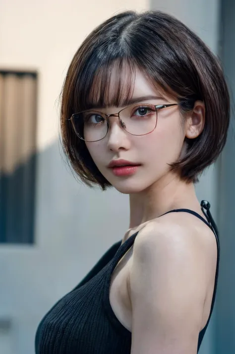 (masterpiece, best quality, beautiful quality, photorealistic, detailed lighting, extremely detailed skin, extremely detailed hair, shadows, 8k, a picture of a woman, black hair, bob cut, glasses, upper body, 1girl, fcPortrait:1.2), <lora:add_detail:1>, <lora:AAV-eimi:0.7:MY>