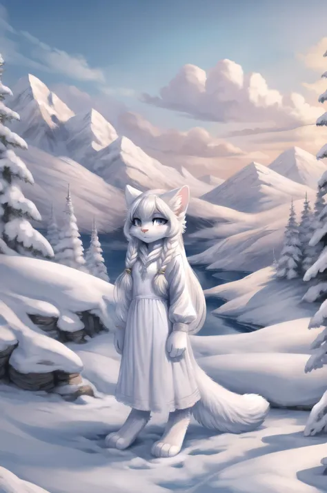 masterpiece, best quality, highres, highly detailed, <lora:arctic cat girl-000009:1> arctic cat girl, white hair, very long hair , white_dress, harsh environment