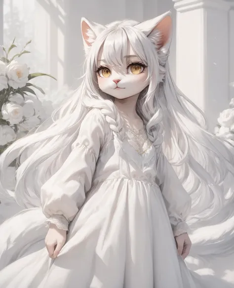 score_9, score_8_up, score_7_up, source_4k, rating_safe,  <lora:arctic cat girl_LORA:0.9>  cat , 1girl, yellow eyes, white hair, very long hair, white dress, beautiful delicate eyes, Warm colors, pleasant and friendly, facing forward