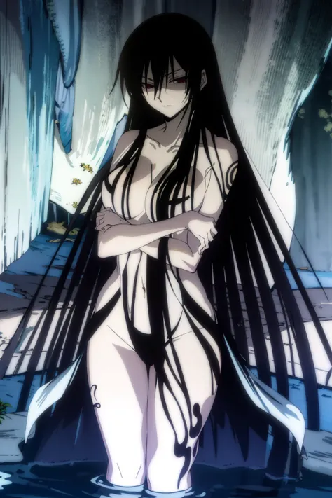 best quality,masterpiece,Hagoromo Kitsune,black hair,beautiful detailed water,hand on ear,cropped legs