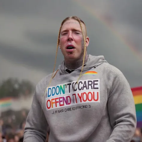 tommacdonald, crying, wearing a grey sweater that says I DONT CARE IF I OFFEND YOU, half body shot, at a gay pride parade, rainbow flag in the background, f/1.8 50mm photo <lora:tommacdonald:1>