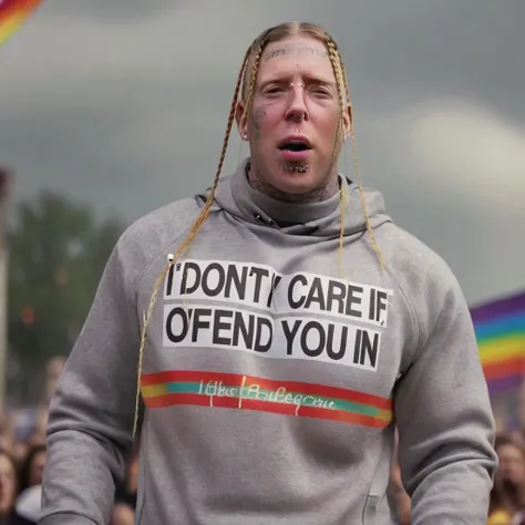tommacdonald, wearing a grey sweater that says I DONT CARE IF I OFFEND YOU, crying, half body shot, at a gay pride parade, rainbow flag in the background, f/1.8 50mm photo <lora:tommacdonald:1>