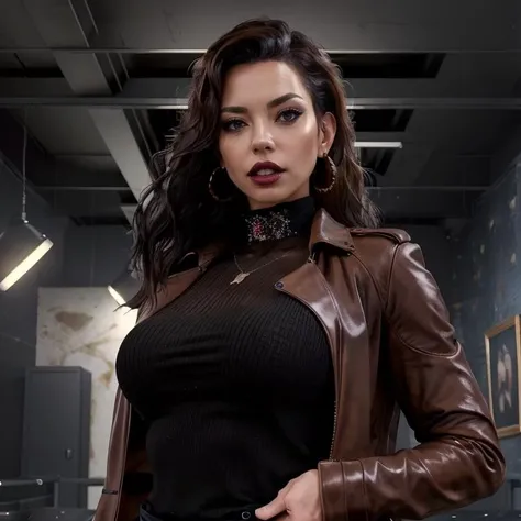 (masterpiece:1.2), (best quality,:1.2), 8k, highly detailed, fantasy, (extremely intricate), (photorealistic), professional light, cinematic lighting, ambient lighting, Chloe, <lora:Chloe-10:1>, earrings, choker, necklace, dark lipstick, dark makeup, good hands, dynamic pose, ((upper body shot)), long wild and messy (light brown!) hair, long leather coat, turtleneck pullover