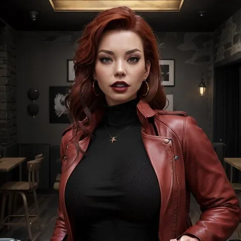 (masterpiece:1.2), (best quality,:1.2), 8k, highly detailed, fantasy, (extremely intricate), (photorealistic), professional light, cinematic lighting, ambient lighting, Chloe, <lora:Chloe-10:1>, earrings, choker, necklace, dark lipstick, dark makeup, good hands, dynamic pose, ((upper body shot)), long wild and messy (auburn!) hair, long red leather coat, turtleneck pullover