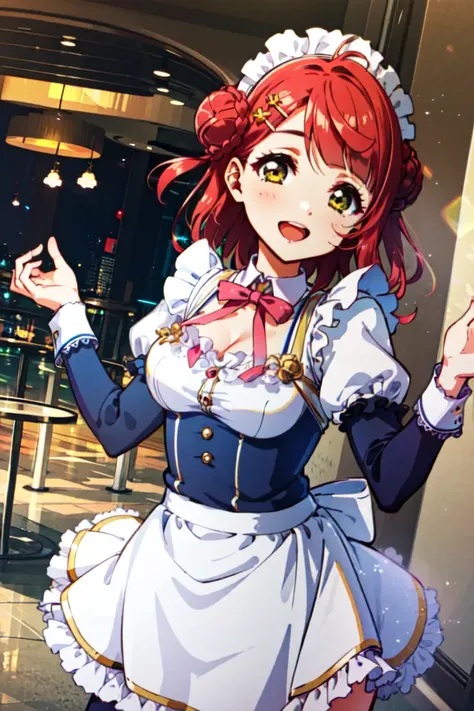 (masterpiece, best quality), illustration, <lora:ayumulovelive:1>, ayumu, uehara ayumu, 1girl, solo, pink hair, yellow eyes, single side bun, braided bun, hairclip, maid, maid headdress, smile, cafe, smile, ;d, open mouth, looking at viewer,