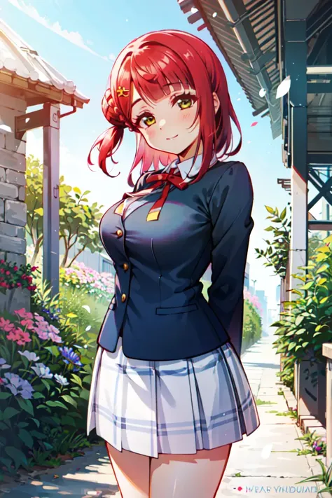 (masterpiece, best quality), illustration, <lora:ayumulovelive:1>, ayumu, uehara ayumu, 1girl, solo, pink hair, yellow eyes, single side bun, braided bun, hairclip, winter uniform, black blazer, buttons, white skirt, red ribbon, flower garden, flowers, looking at viewer, arms behind back, cinematic, petals