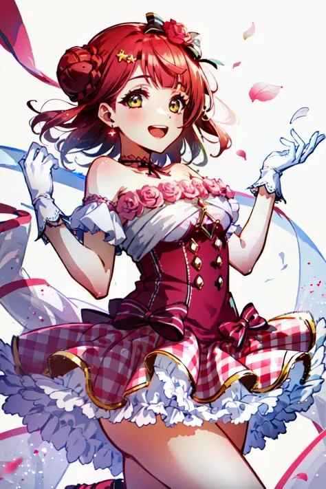 (masterpiece, best quality), illustration, <lora:ayumulovelive:1>, ayumu, uehara ayumu, 1girl, solo, pink hair, yellow eyes, single side bun, braided bun, pinkidoloutfit, hair bow, white gloves, jewelry, pink dress, pink flower, pink rose, hair flower, earrings, brooch, strapless dress, white thighighs, pink bow, back bow, choker, off shoulder, bare shoulder, buttons, bridal garter, medium breasts, white legwear, cowboy shot, hand up, petals, smile, ;d, open mouth, looking at viewer, white background, simple background