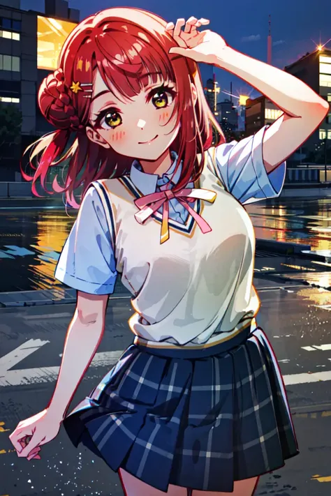 (masterpiece, best quality), illustration, <lora:ayumulovelive:1>, ayumu, uehara ayumu, 1girl, solo, pink hair, yellow eyes, single side bun, braided bun, hairclip, summer uniform, pink ribbon, yellow vest, collared shirt, black skirt, smile, looking at viewer, city, night, crowd, outdoors, medium breasts
