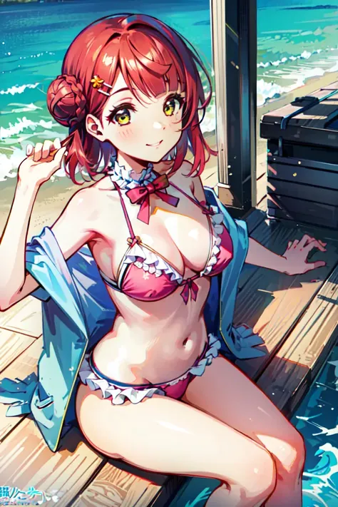 (masterpiece, best quality), illustration, <lora:ayumulovelive:1>, ayumu, uehara ayumu, 1girl, solo, pink hair, yellow eyes, single side bun, braided bun, hairclip, smile, pink bikini, frilled bikini, sitting, ocean, water,
