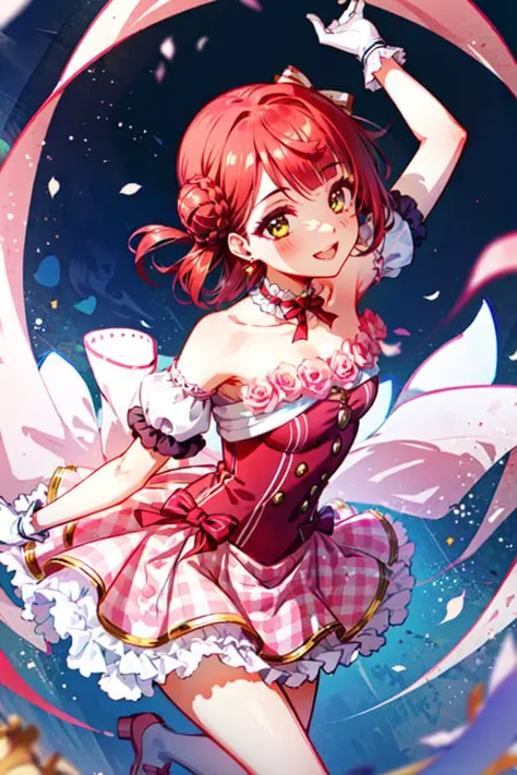 (masterpiece, best quality), illustration, <lora:ayumulovelive:1>, ayumu, uehara ayumu, 1girl, solo, pink hair, yellow eyes, single side bun, braided bun, pinkidoloutfit, hair bow, white gloves, jewelry, pink dress, pink flower, pink rose, hair flower, earrings, brooch, strapless dress, white thighighs, pink bow, back bow, choker, off shoulder, bare shoulder, buttons, white legwear, pink footwear, cowboy shot, simple background, petals, falling petals, smile, short sleeves, standing, cinematic, from above