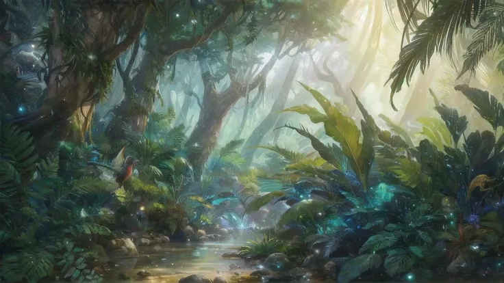 extreme long shot, rainforest, massive ferns, colorful birds, humid air, water droplets, small rocks, <lora:FantasyLandscape:.6>,  <lora:epi_noiseoffset2:.4>, art by evan cagle and greg rutkowski,