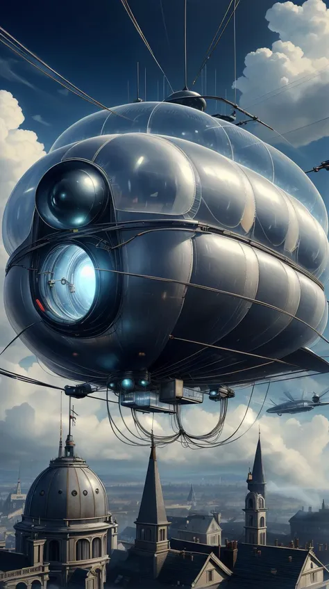 SpyWorld50s airship, wires,spy-theme, <lora:SpyWorld50s:0.6> airship, opticaltech optical fibers inner glow airship <lora:OpticalTech-60:0.6>airship, (Masterpiece:1.3) (best quality:1.2) (high quality:1.1)